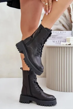 Skórzane Ocieplane Botki Workery Damskie Big Star OO274A387 Czarne