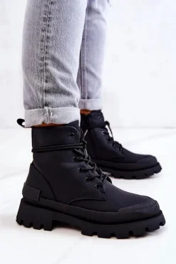 Skórzane Ocieplane Botki Wiązane Czarne Racquell