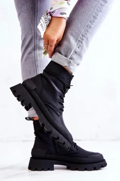 Skórzane Ocieplane Botki Wiązane Czarne Racquell