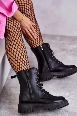 Skórzane Ocieplane Botki Workery wiązane Czarne Maria