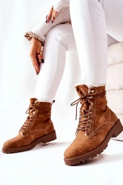 Skórzane Ocieplane Botki Workery Camel Kimmie