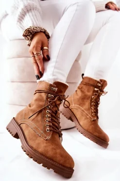 Skórzane Ocieplane Botki Workery Camel Kimmie