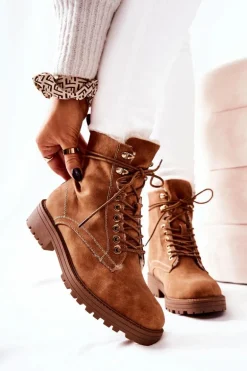 Skórzane Ocieplane Botki Workery Camel Kimmie