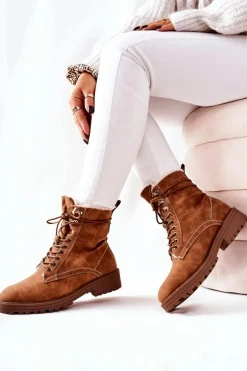 Skórzane Ocieplane Botki Workery Camel Kimmie