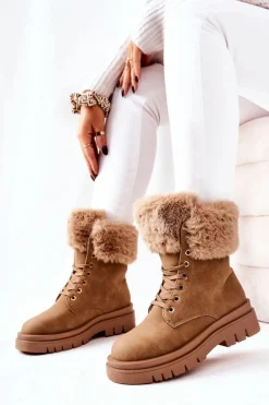 Skórzane Ocieplane Botki Z Futerkiem Beżowe Farley