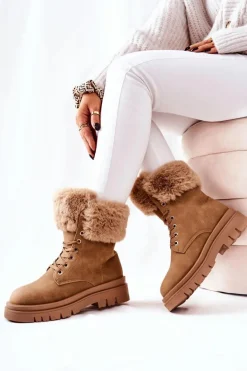 Skórzane Ocieplane Botki Z Futerkiem Beżowe Farley