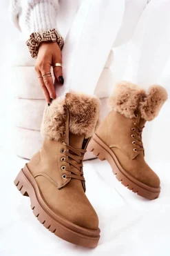 Skórzane Ocieplane Botki Z Futerkiem Beżowe Farley