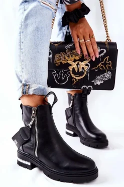 Skórzane Ocieplane Botki Z Suwakiem Czarne Cortona