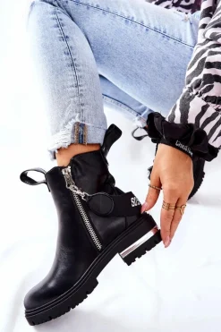 Skórzane Ocieplane Botki Z Suwakiem Czarne Cortona