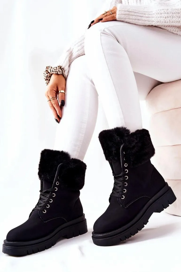 Skórzane Ocieplane Botki Z Futerkiem Czarne Farley