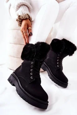 Skórzane Ocieplane Botki Z Futerkiem Czarne Farley