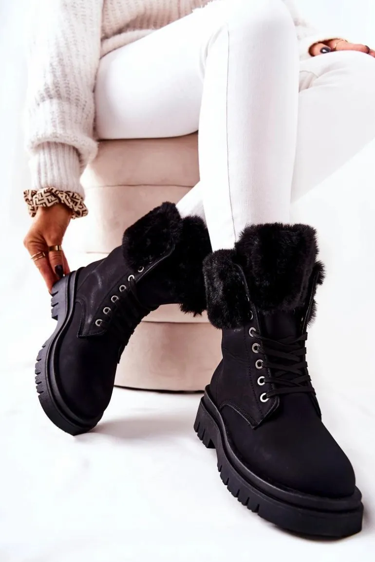 Skórzane Ocieplane Botki Z Futerkiem Czarne Farley