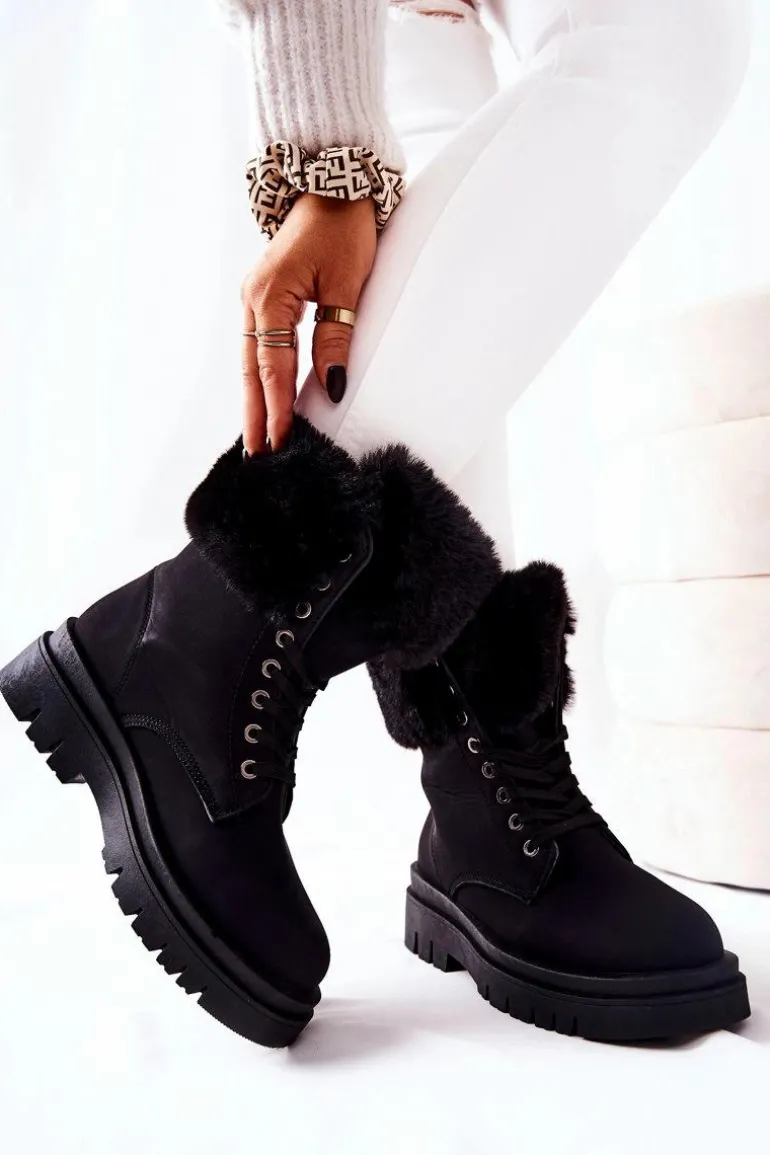 Skórzane Ocieplane Botki Z Futerkiem Czarne Farley
