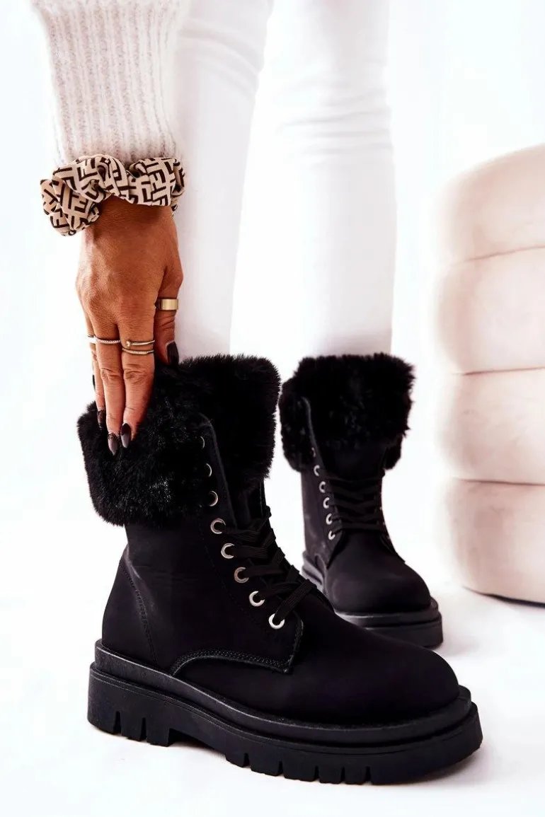 Skórzane Ocieplane Botki Z Futerkiem Czarne Farley