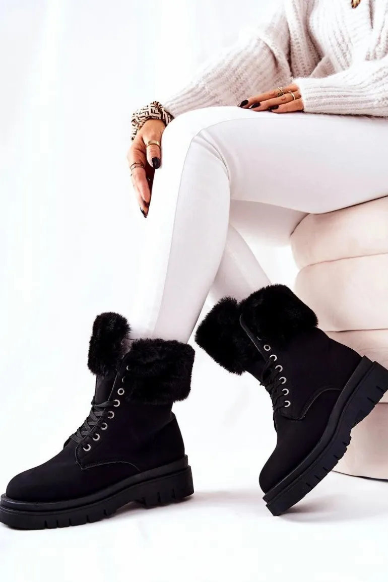 Skórzane Ocieplane Botki Z Futerkiem Czarne Farley