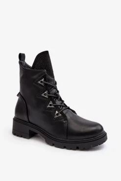 Skórzane Ocieplane Botki Z Dżetami Czarne Gwen S.Barski HY93-52A