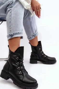 Skórzane Ocieplane Botki Z Dżetami Czarne Gwen S.Barski HY93-52A