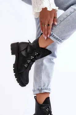 Skórzane Ocieplane Botki Z Dżetami Czarne Gwen S.Barski HY93-52A