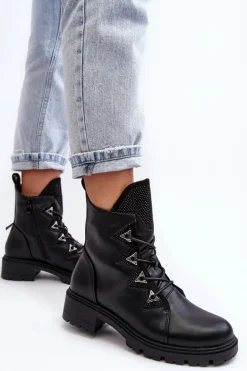 Skórzane Ocieplane Botki Z Dżetami Czarne Gwen S.Barski HY93-52A