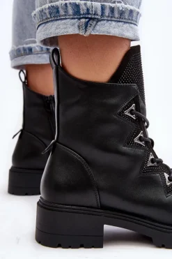 Skórzane Ocieplane Botki Z Dżetami Czarne Gwen S.Barski HY93-52A