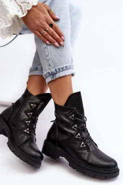 Skórzane Ocieplane Botki Z Dżetami Czarne Gwen S.Barski HY93-52A