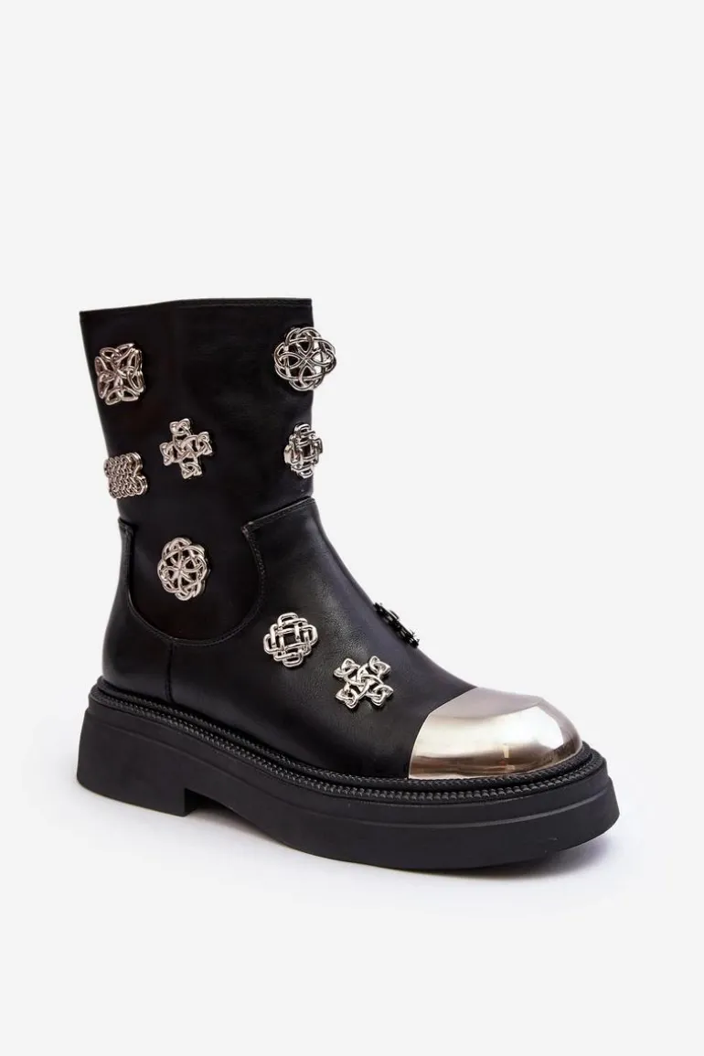 Skórzane Ocieplane Botki Z Ozdobami D&A MR870-14A Czarne