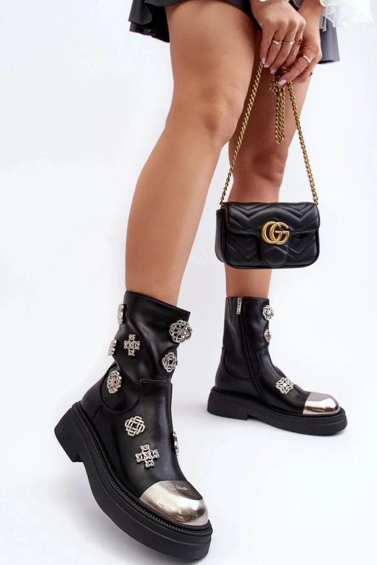 Skórzane Ocieplane Botki Z Ozdobami D&A MR870-14A Czarne