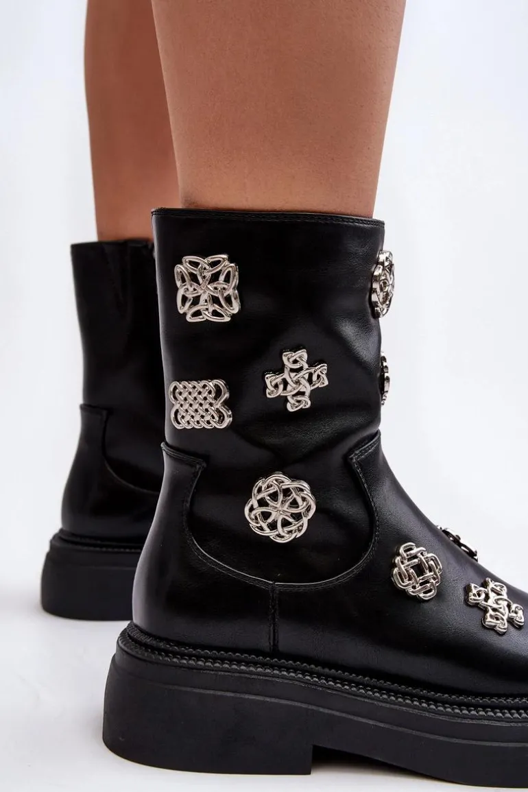 Skórzane Ocieplane Botki Z Ozdobami D&A MR870-14A Czarne