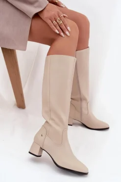 Skórzane Ocieplane Kozaki Damskie Na Obcasie Maciejka A7165-04 Beżowe