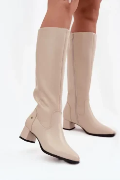 Skórzane Ocieplane Kozaki Damskie Na Obcasie Maciejka A7165-04 Beżowe