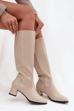 Skórzane Ocieplane Kozaki Damskie Na Obcasie Maciejka A7165-04 Beżowe