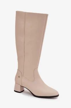 Skórzane Ocieplane Kozaki Damskie Na Obcasie Maciejka A7165-04 Beżowe