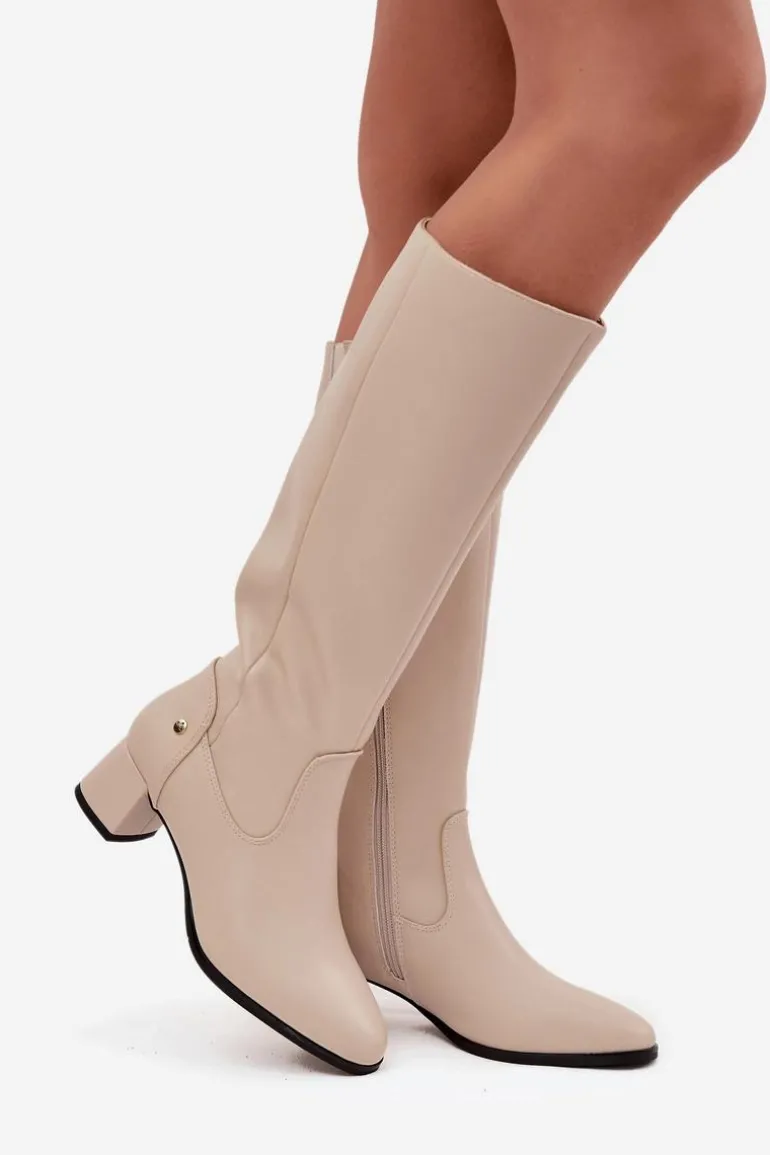 Skórzane Ocieplane Kozaki Damskie Na Obcasie Maciejka A7165-04 Beżowe