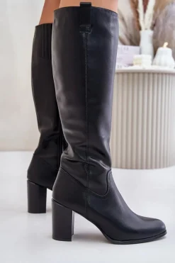 Skórzane Ocieplane Kozaki Na Słupku Sergio Leone KZ230-S Czarne