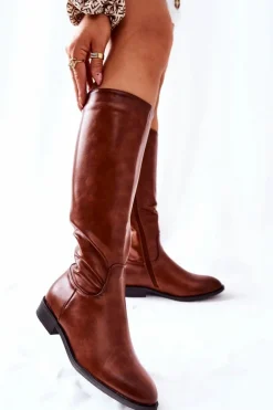 Skórzane Ocieplane Kozaki Brązowe Estil