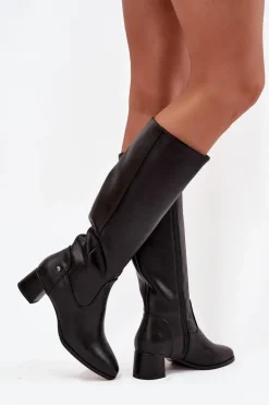 Skórzane Ocieplane Kozaki Damskie Na Obcasie Maciejka A7165-01 Czarne