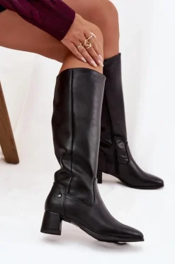 Skórzane Ocieplane Kozaki Damskie Na Obcasie Maciejka A7165-01 Czarne