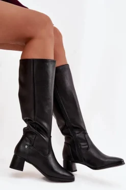 Skórzane Ocieplane Kozaki Damskie Na Obcasie Maciejka A7165-01 Czarne