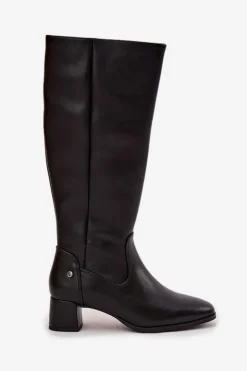 Skórzane Ocieplane Kozaki Damskie Na Obcasie Maciejka A7165-01 Czarne