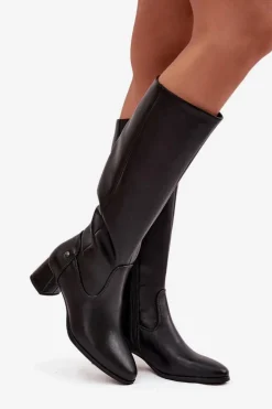 Skórzane Ocieplane Kozaki Damskie Na Obcasie Maciejka A7165-01 Czarne