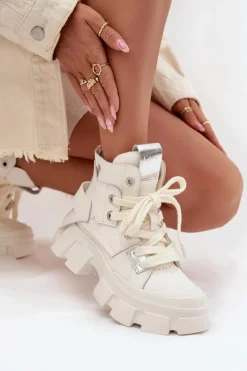 Skórzane Ocieplane Sportowe Botki GOE SS2N4055 Białe