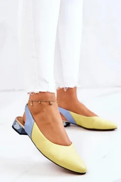 Skórzane Odkryte Baleriny Na Obcasie Żółto-Niebieskie Noreen