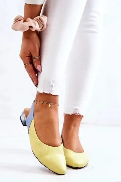 Skórzane Odkryte Baleriny Na Obcasie Żółto-Niebieskie Noreen