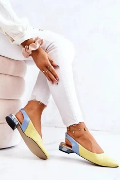 Skórzane Odkryte Baleriny Na Obcasie Żółto-Niebieskie Noreen