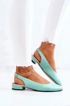 Skórzane Odkryte Baleriny Na Obcasie Zielone Noreen