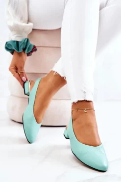 Skórzane Odkryte Baleriny Na Obcasie Zielone Noreen