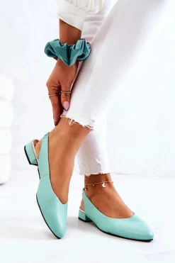 Skórzane Odkryte Baleriny Na Obcasie Zielone Noreen