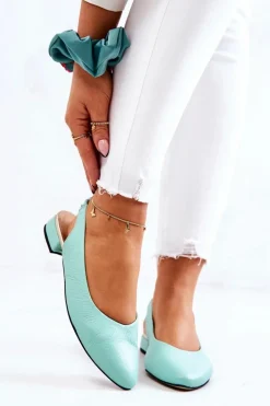 Skórzane Odkryte Baleriny Na Obcasie Zielone Noreen