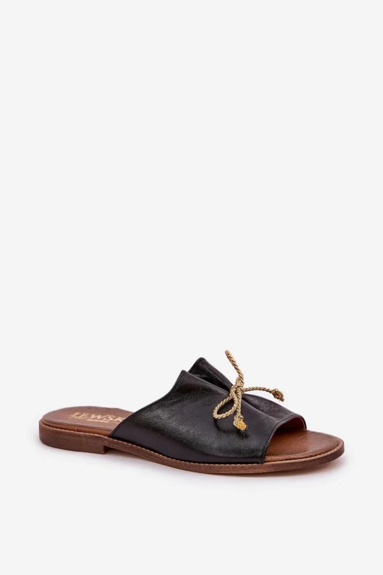 Skórzane Płaskie Eleganckie Klapki Z Kokardką Lewski 3572 Czarne