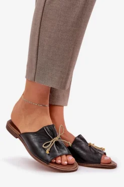 Skórzane Płaskie Eleganckie Klapki Z Kokardką Lewski 3572 Czarne